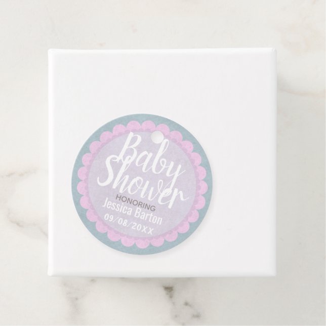 Étiquettes Cadeau Cute Pastel Baby shower personnalisé rose et gris (En situation)