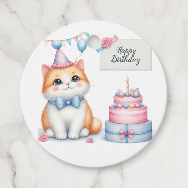 Étiquettes Cadeau Cute Pastel Kitten Gâteau d'anniversaire - Anniver (Devant)