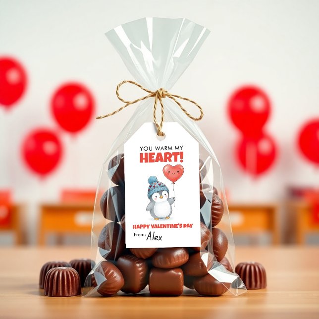 Étiquettes-cadeau Cute Penguin Valentine “You Warm My Heart” (Cute Penguin Valentine Tag – “You Warm My Heart” Kids Classroom Valentine Gift)