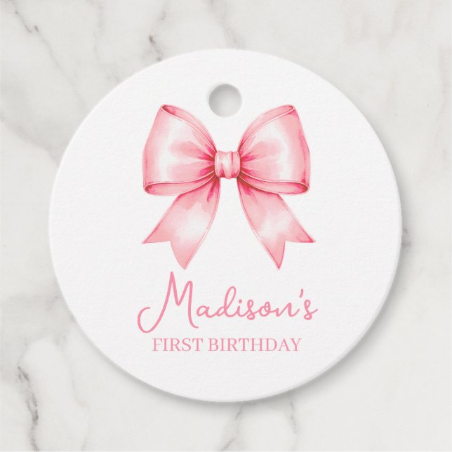 Étiquettes Cadeau Cute Pink Bow Girl First Birthday (Devant)