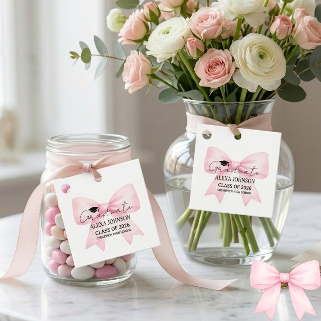 Étiquettes Cadeau Cute Pink Bow Graduation Cap Graduate (Créateur téléchargé)
