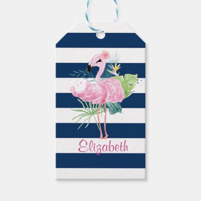 Étiquettes-cadeau Cute Pink Flamingos Tropical Leaf, Striped (Devant)