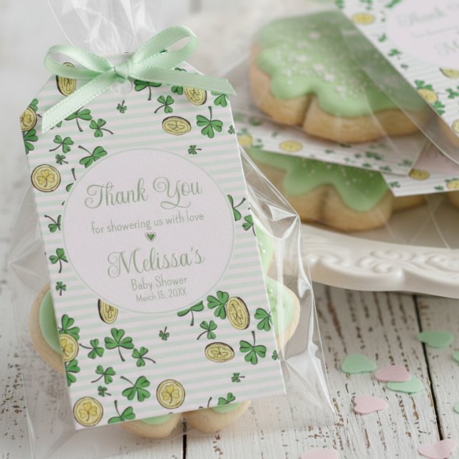 Étiquettes-cadeau Cute Pink Green Clovers & Lucky Coins Merci  (Cute Shamrocks Thank You Pink Green St Patrick's Day Irish Baby Shower Favor Tags for Mother to Be)