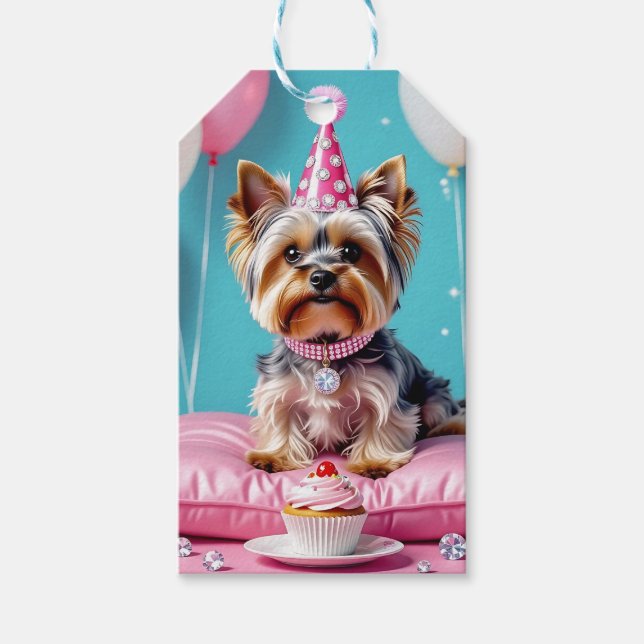 Étiquettes-cadeau Cute Pink Yorkie Birthday To and From (Devant)