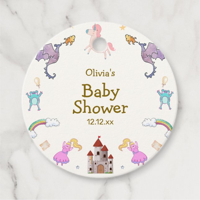 Étiquettes Cadeau Cute Princess Dragon Unicorn Baby shower (Devant)