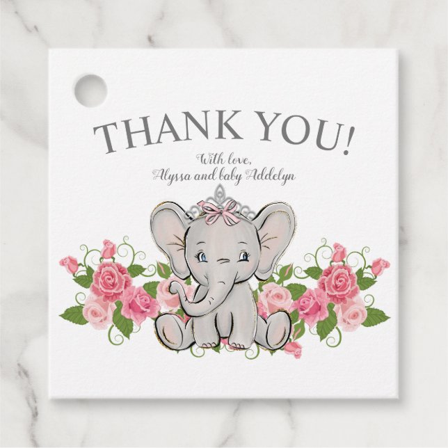 Étiquettes Cadeau Cute Princess Elephant Baby Girl Douche Merci (Devant)
