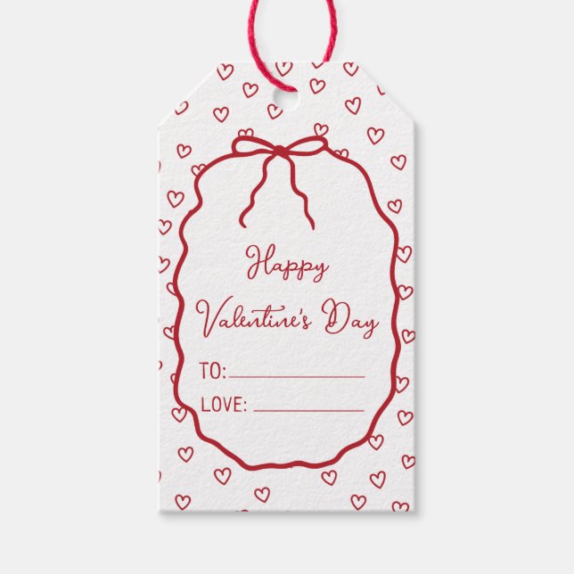 Étiquettes-cadeau Cute Red Hearts & Bow Custom Valentine's Day (Devant)