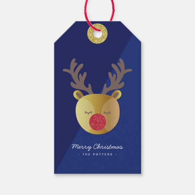 Étiquettes-cadeau Cute Reindeer | Fun Christmas Blue & Gold (Devant)