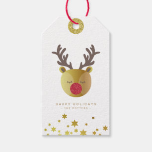 Étiquettes-cadeau Cute Reindeer Fun Christmas White & Gold Mini