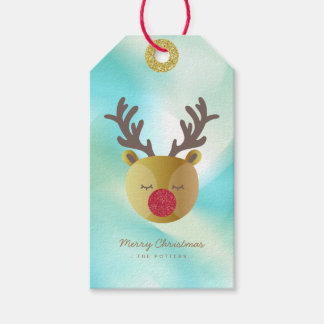 Étiquettes-cadeau Cute Reindeer | Pastel Green Gradient & Gold
