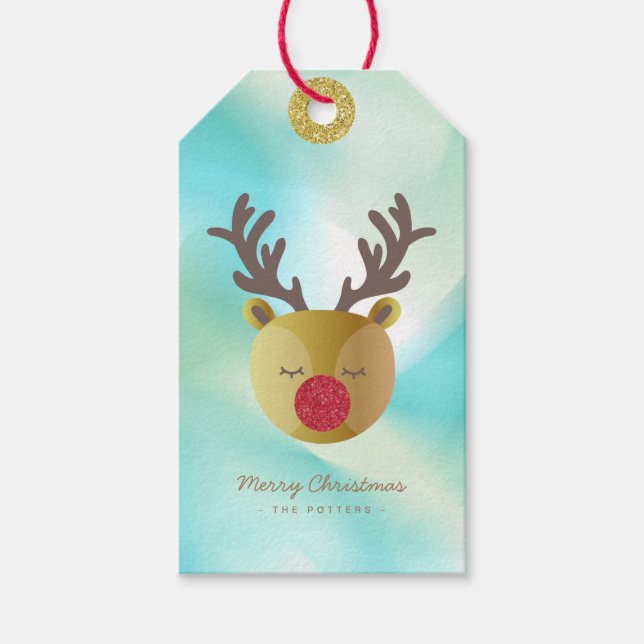 Étiquettes-cadeau Cute Reindeer | Pastel Green Gradient & Gold (Devant)