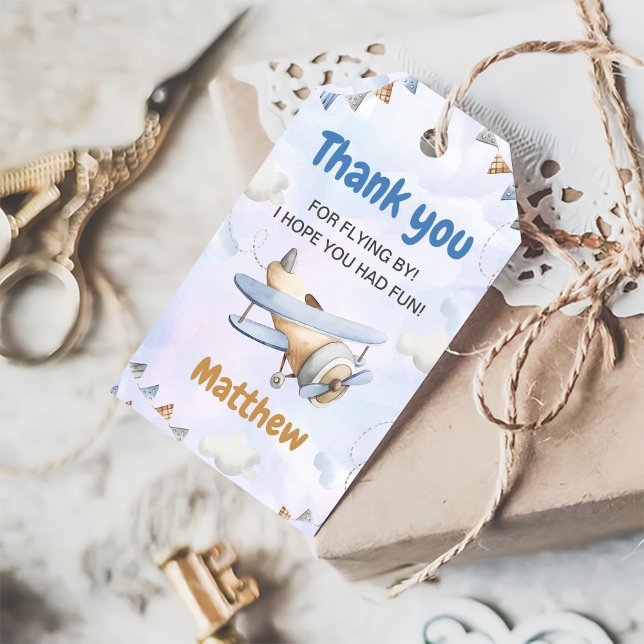 Étiquettes-cadeau Cute Retro Blue Avion 1er anniversaire (Créateur téléchargé)