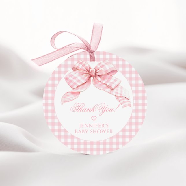 Étiquettes Cadeau Cute Rose En vichy Bow Baby Girl Douche Merci (Créateur téléchargé)