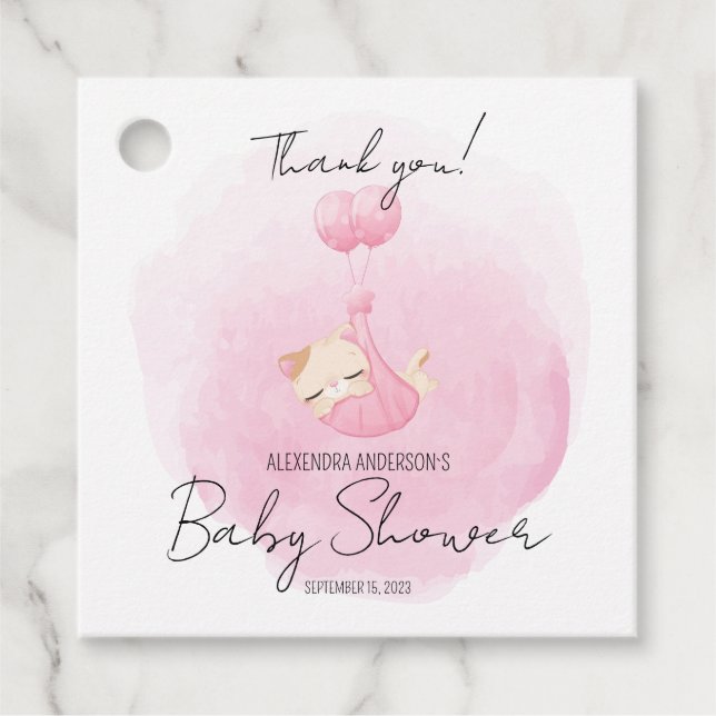 Étiquettes Cadeau Cute Rose Kitten Aquarelle Bébé Fille Douche (Devant)