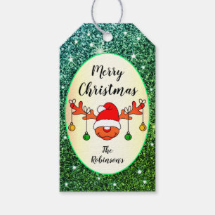 Étiquettes-cadeau Cute Rudolph Reindeer Turquoise Parties scintillan
