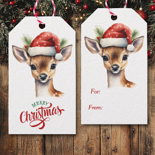 Étiquettes-cadeau Cute Santa Hat Deer Fawn