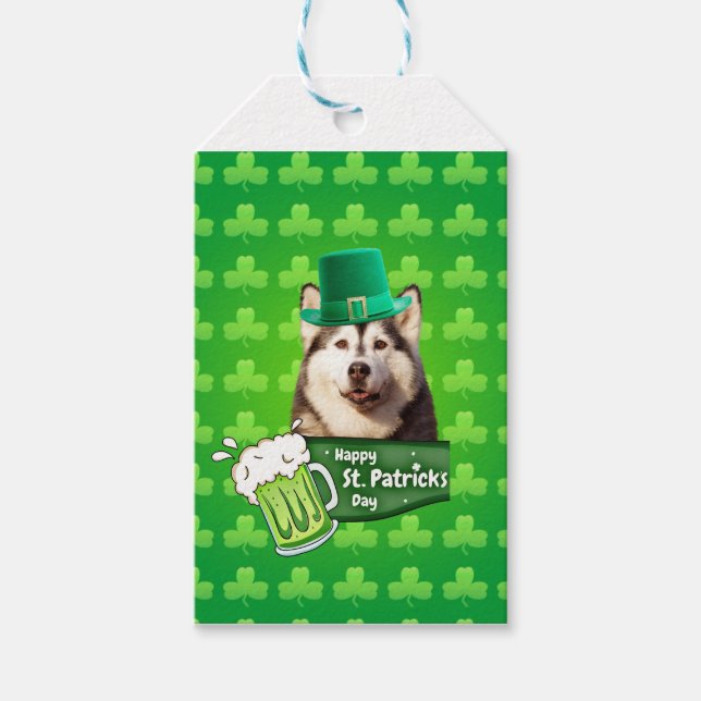 Étiquettes-cadeau Cute Siberian Husky Chien Casquette St. Patrick's  (Devant)