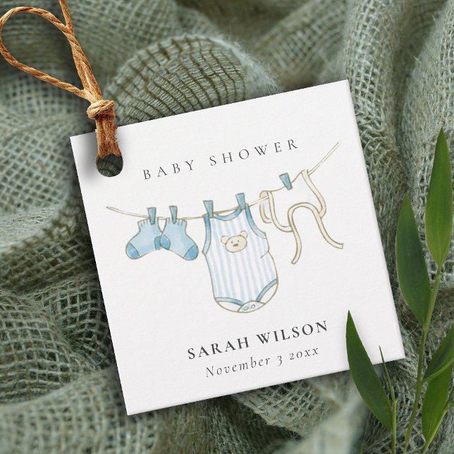 Étiquettes Cadeau Cute Simple Baby Clothesline Baby shower Garçon bl (Créateur téléchargé)