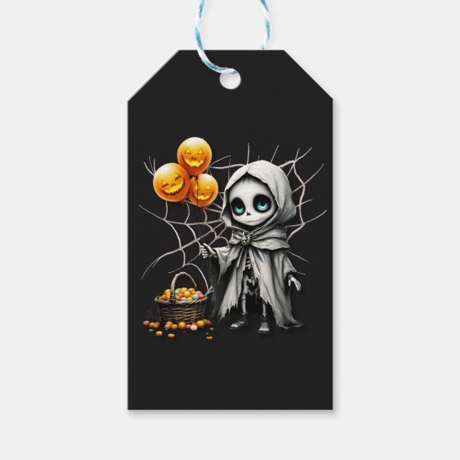 Étiquettes-cadeau Cute Skeleton Girl with Pumpkin Balloons  (Devant)