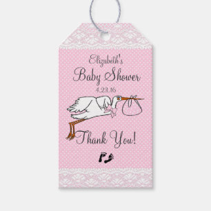 Étiquettes-cadeau Cute Stork Baby shower rose Favoris