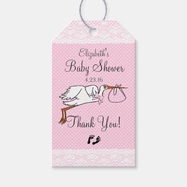 Étiquettes-cadeau Cute Stork Baby shower rose Favoris (Devant)
