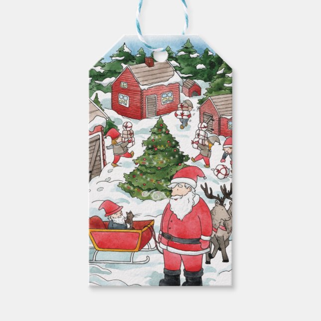 Étiquettes-cadeau Cute suédoise Tomten Christmas Village Aquarelle (Devant)
