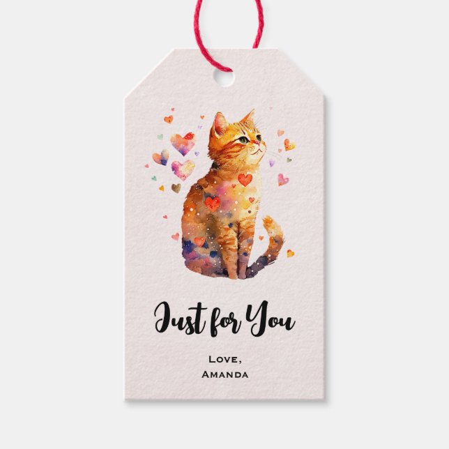 Étiquettes-cadeau Cute Tabby Chat avec Coeurs Juste pour vous (Devant)
