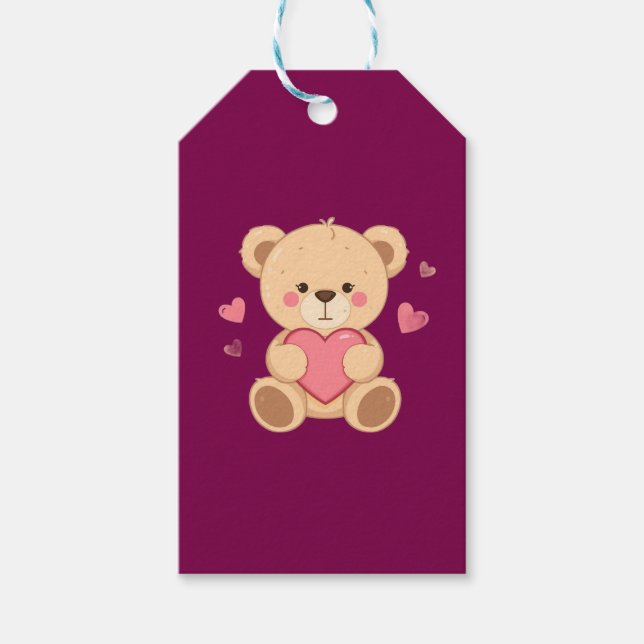 Étiquettes-cadeau Cute Teddy Bear Holding Heart – Valentine Love Ill (Devant)