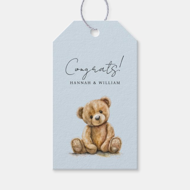 Étiquettes-cadeau Cute Teddy Ours Bleu Baby Baby shower garçon (Devant)