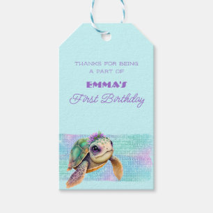 Étiquettes-cadeau Cute Turtle Summer Beach Aqua 1er anniversaire