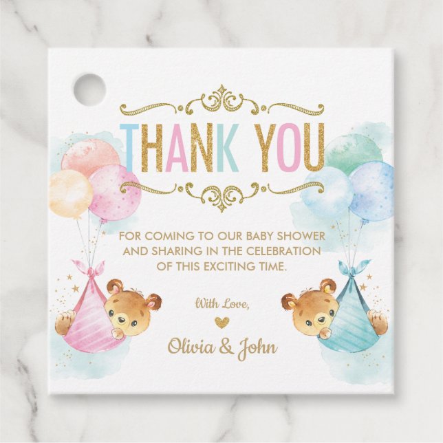 Étiquettes Cadeau Cute Twins Garçon fille ours Baby shower Merci (Devant)