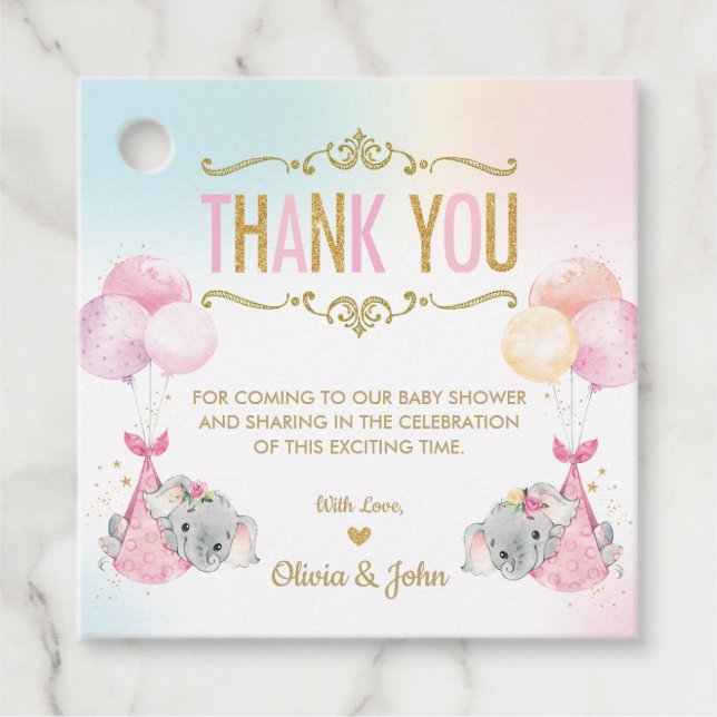 Étiquettes Cadeau Cute Twins Girls Elephant Baby shower Merci (Devant)