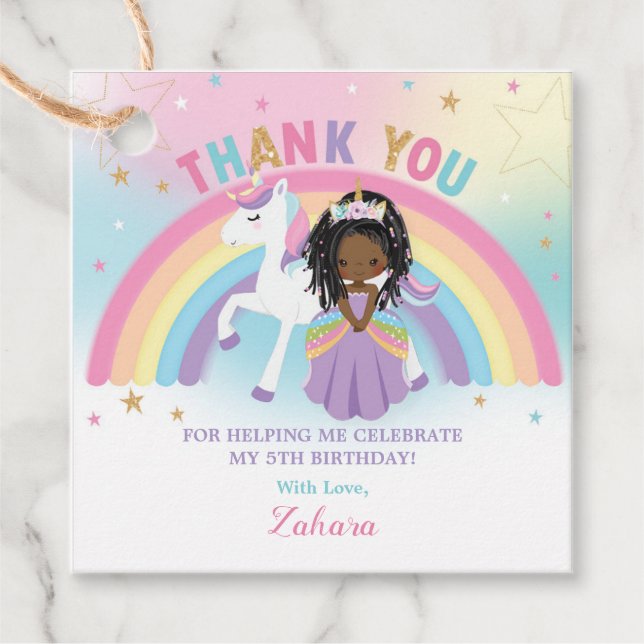 Étiquettes Cadeau Cute Unicorn African Princess Anniversaire Merci (Devant)