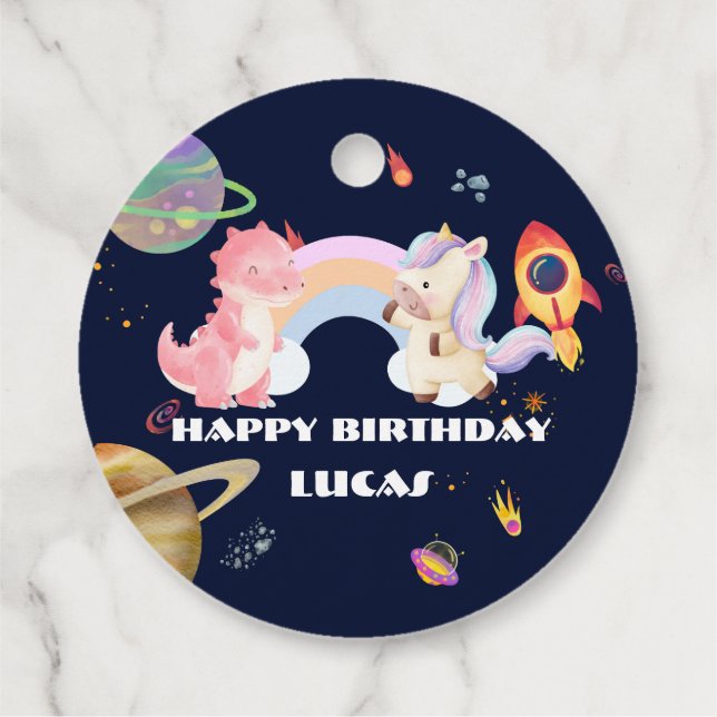 Étiquettes Cadeau Cute Unicorn Dinosaur Galaxy Rocket fête d'anniver (Dos)