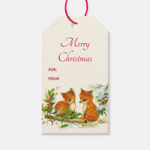 Étiquettes-cadeau Cute Vintage Foxes Retro Christmas Scene