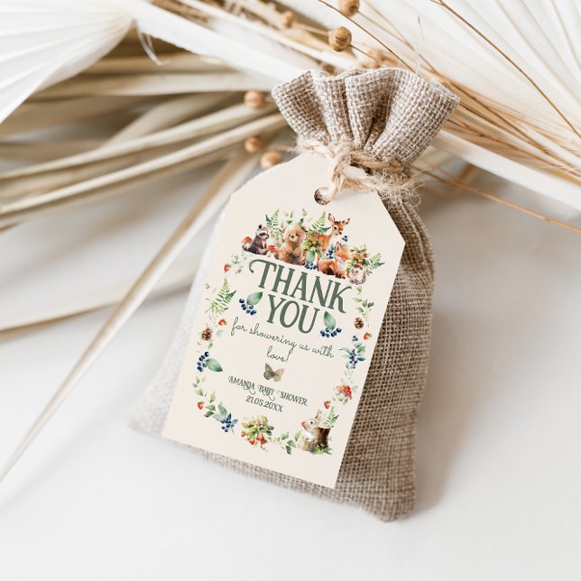 Étiquettes-cadeau Cute Woodland Animal Adventure Baby shower neutre (Créateur téléchargé)