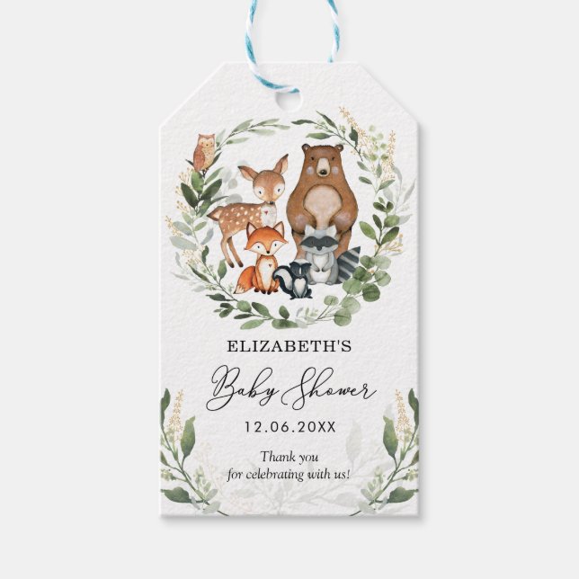 Étiquettes-cadeau Cute Woodland Animaux Verdure Baby shower Or (Devant)