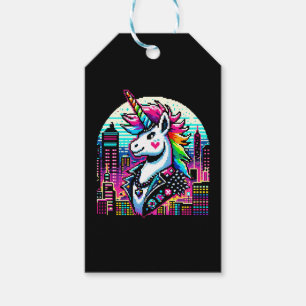 Étiquettes-cadeau Cyberpunk Unicorn Neon Pixel Art Cityscape Design