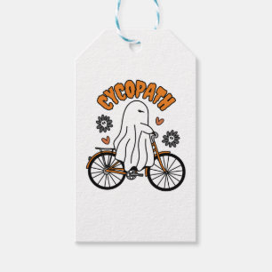 Étiquettes-cadeau Cycopath Halloween fantôme sur un vélo orange