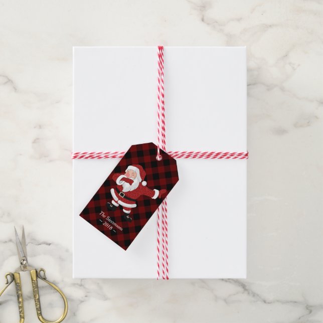 Étiquettes-cadeau Dabbing Red Plaid Santa Claus | Fun Rustic Buffalo (Avec de la ficelle)