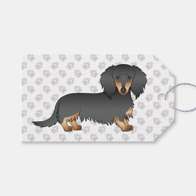 Étiquettes-cadeau Dachshund à cheveux longs noir et tan caricature C (Devant (Horizontal))