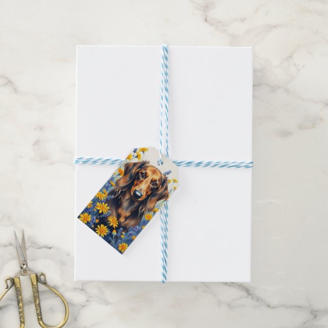 Étiquettes-cadeau Dachshund à poil long  (Avec de laficelle)