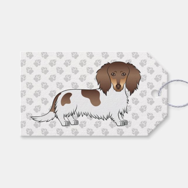 Étiquettes-cadeau Dachshund à poil long chocolat et tan piebalde & p (Devant (Horizontal))