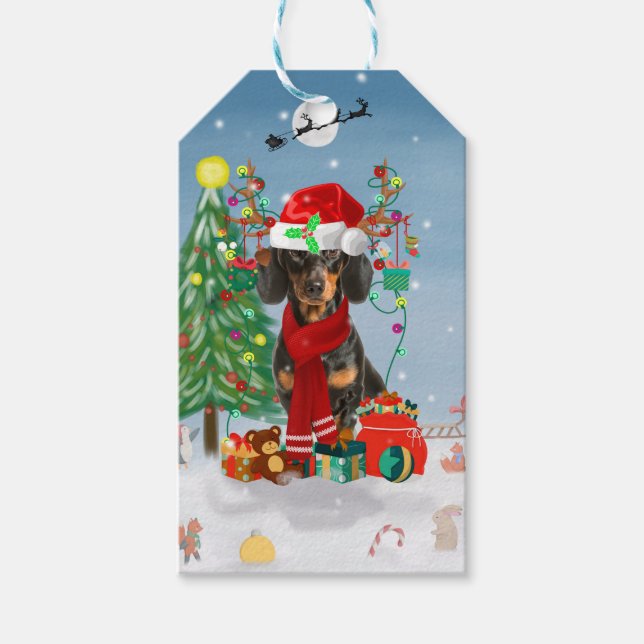 Étiquettes-cadeau Dachshund Chien en neige avec cadeaux de Noël (Devant)