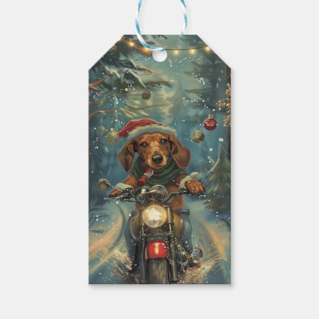 Étiquettes-cadeau Dachshund Chien équitation moto Noël (Devant)