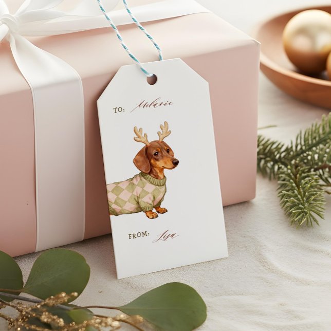 Étiquettes-cadeau Dachshund Dog Christmas Checkered Sweater Photo (Dachshund Dog Christmas Checkered Sweater Photo Gift Tags)