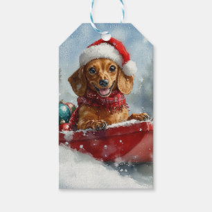 Étiquettes-cadeau Dachshund Dog in Sledge Let it neige Noël