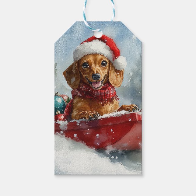 Étiquettes-cadeau Dachshund Dog in Sledge Let it neige Noël (Devant)