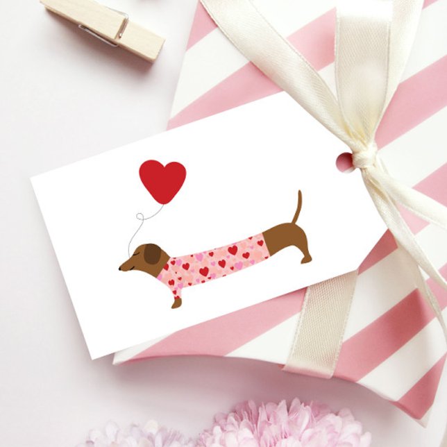 Étiquettes-cadeau Dachshund Saint-Valentin, Saint-Valentin rose et r (Créateur téléchargé)