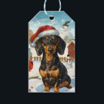 Étiquettes-cadeau Dachshund Winter Wonderland Christmas Joy<br><div class="desc">Ce design festif reflète l'esprit joyeux de la période des fêtes, avec un adorable petit portant un chapeau de Père Noël. Le chien est niché dans un pays des merveilles hivernales, avec un bonhomme de neige, un sapin de Noël décoré et des cadeaux joliment emballés. Les flocons de neige tombent...</div>